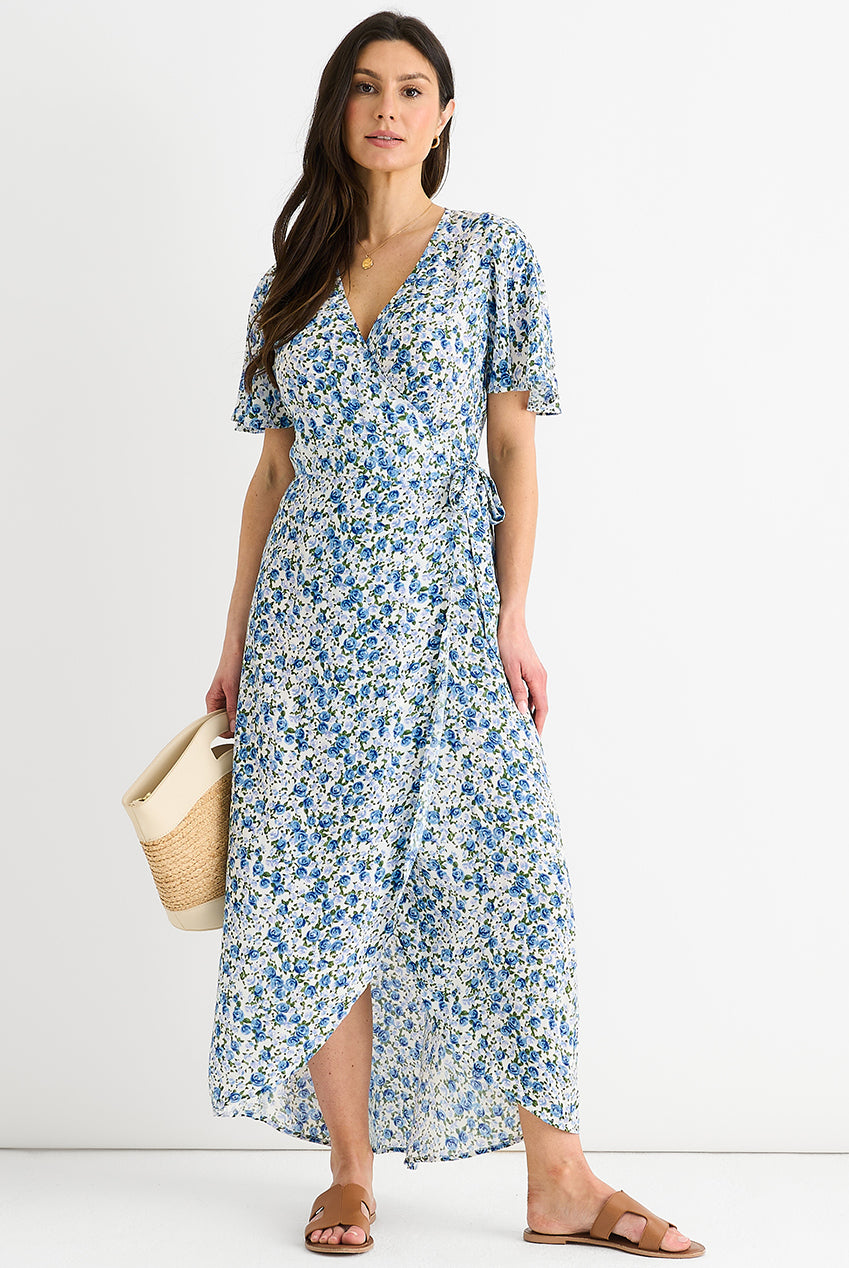 Blue Floral Wrap Midi Dress GL1362