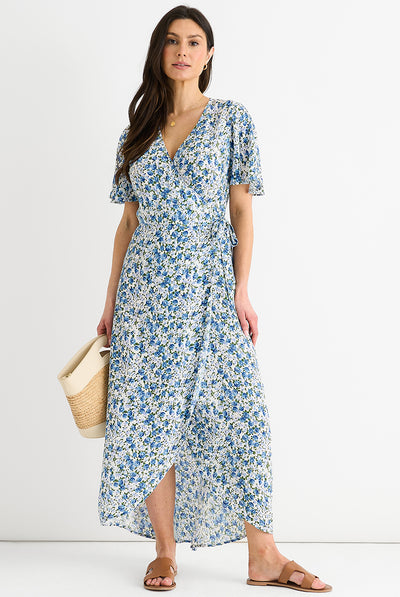 Blue - Blue Floral Wrap Midi Dress by Gini London