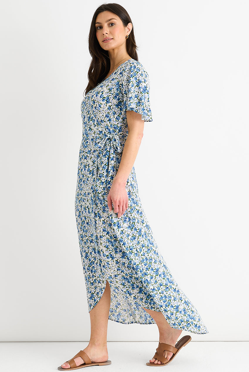 Blue Floral Wrap Midi Dress GL1362