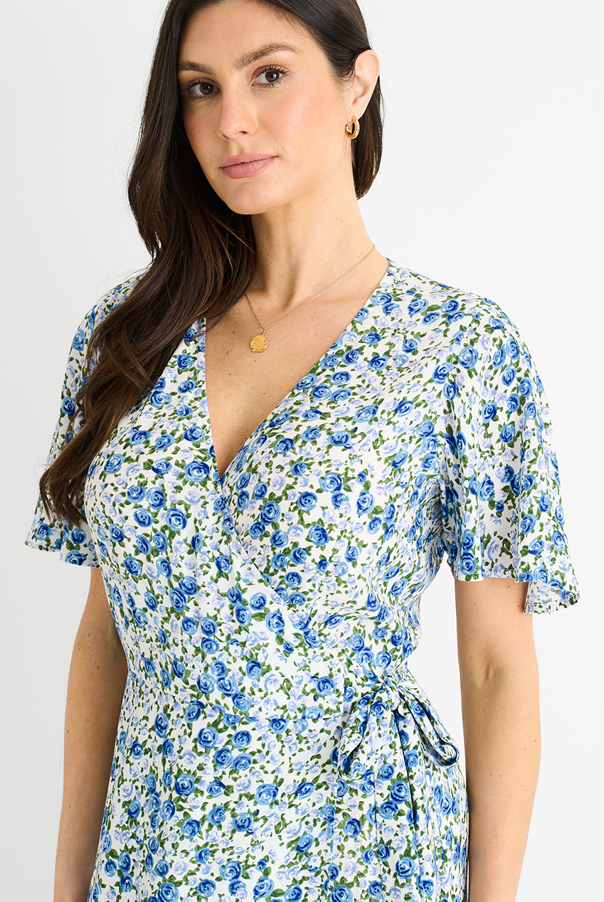 Blue Floral Wrap Midi Dress GL1362