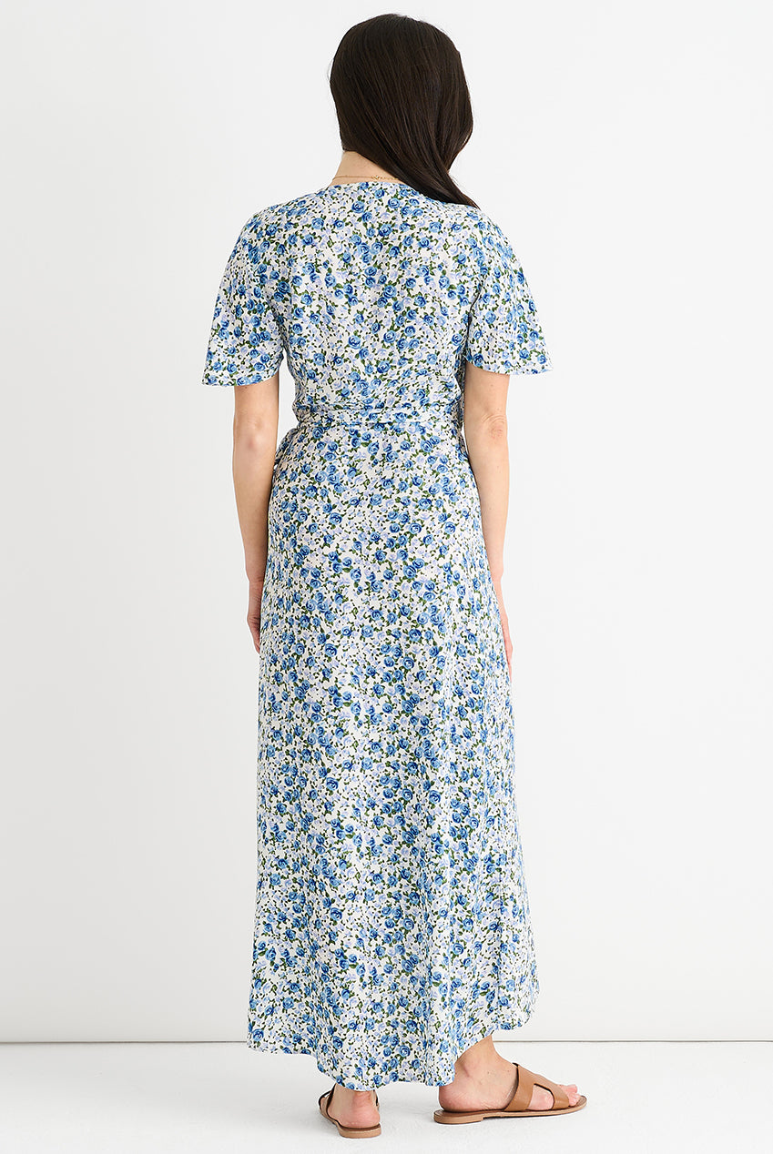 Blue Floral Wrap Midi Dress GL1362