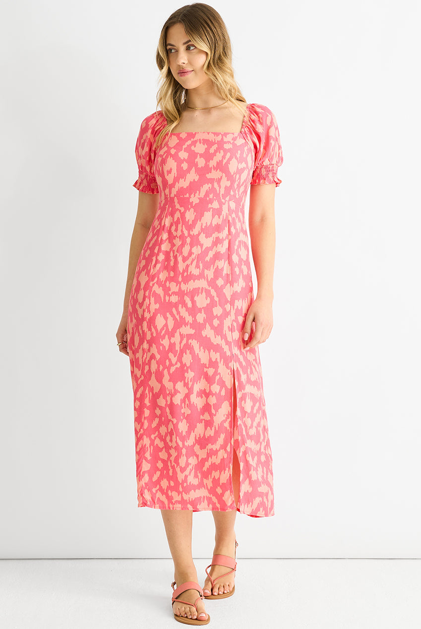 Pink Animal Print Square Neck Viscose Midi Dress GL1363