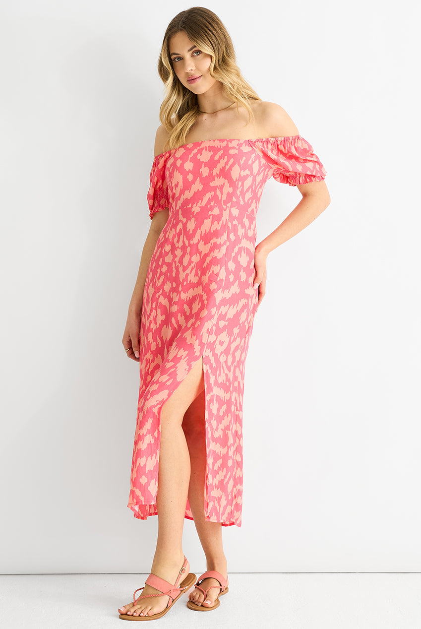 Pink Animal Print Square Neck Viscose Midi Dress GL1363