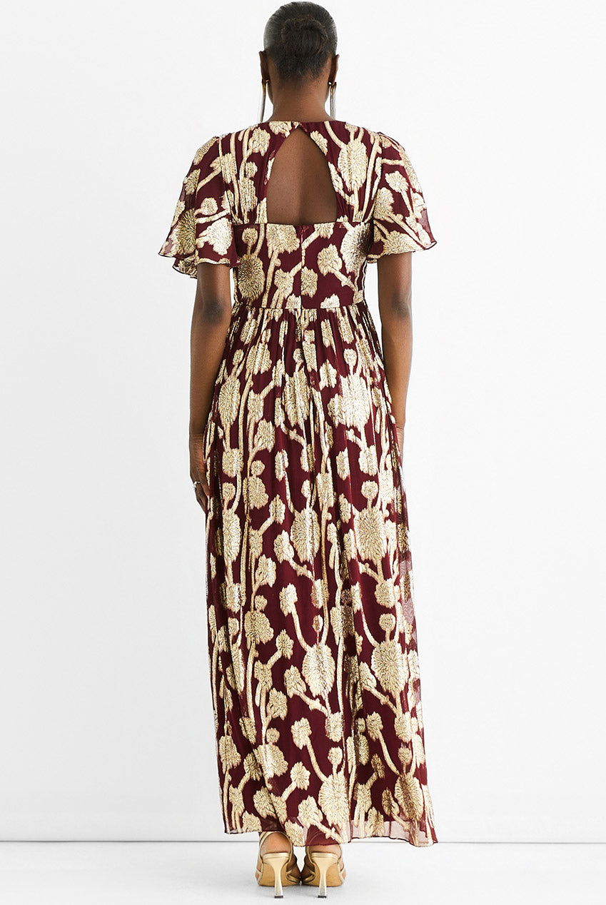 Burgundy Metallic Jacquard Flutter Sleeves Floral Maxi Dress GL1365