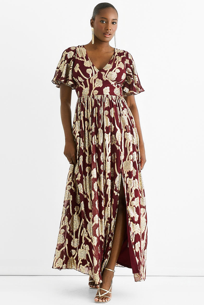 Burgundy Metallic Jacquard Flutter Sleeves Floral Maxi Dress GL1365