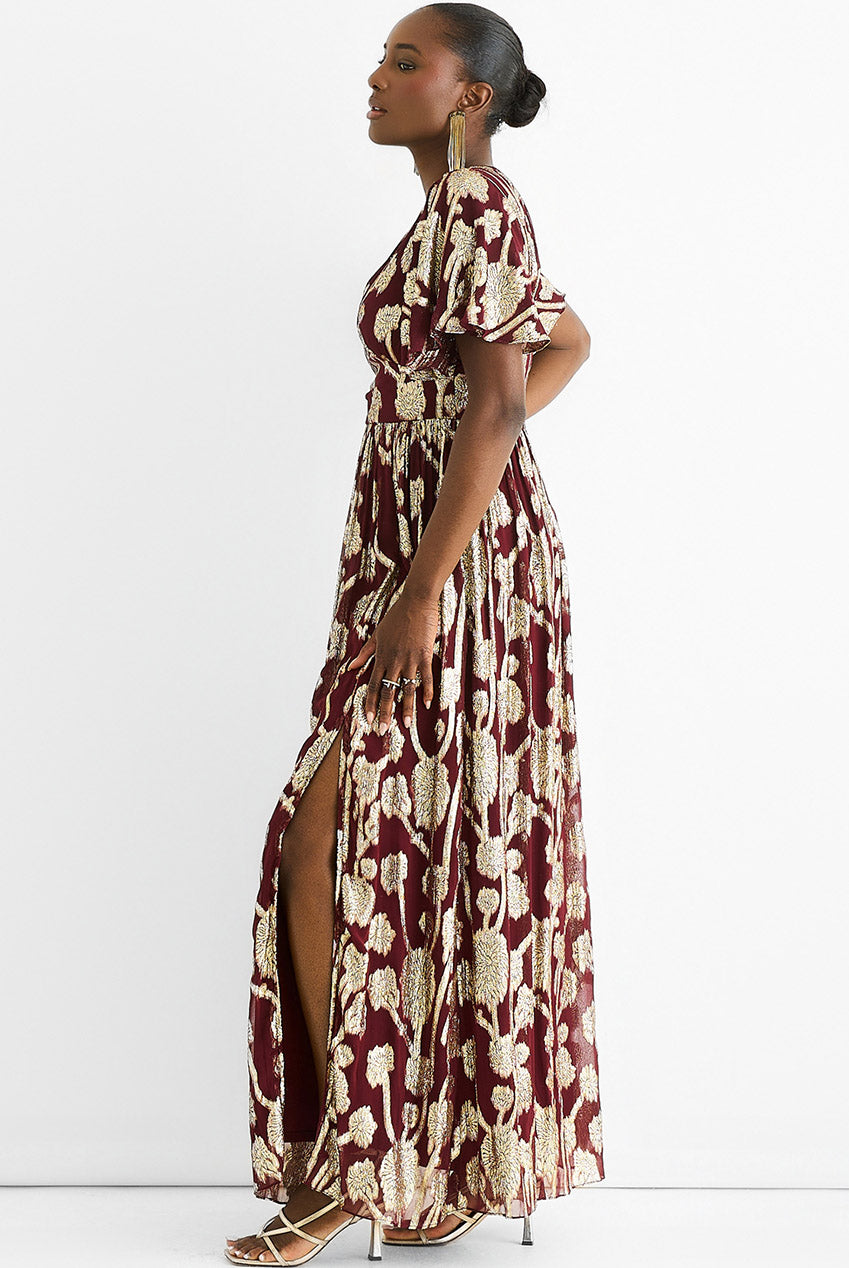 Burgundy Metallic Jacquard Flutter Sleeves Floral Maxi Dress GL1365