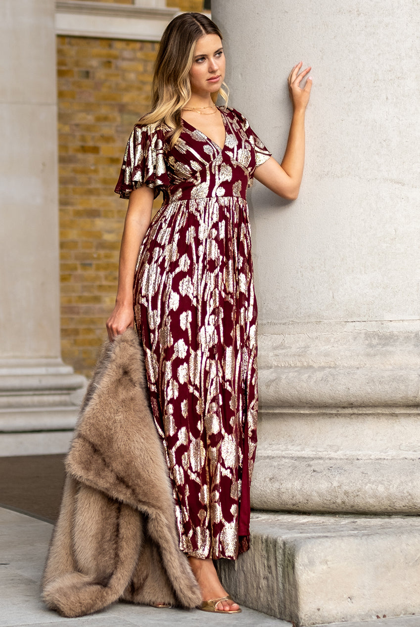 Burgundy Metallic Jacquard Flutter Sleeves Floral Maxi Dress GL1365