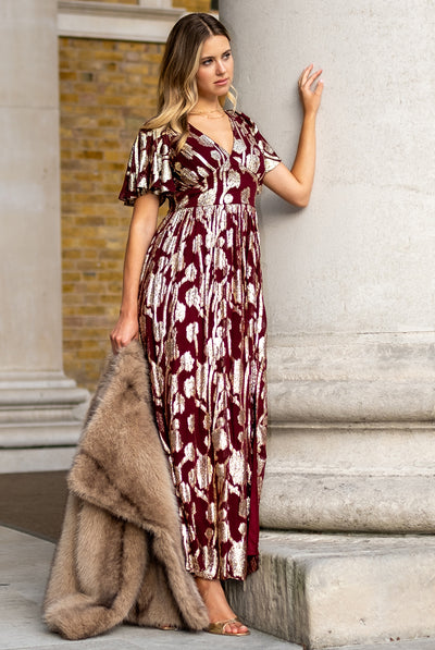 Burgundy - Burgundy Metallic Jacquard Flutter Sleeves Floral Maxi Dress by Gini London