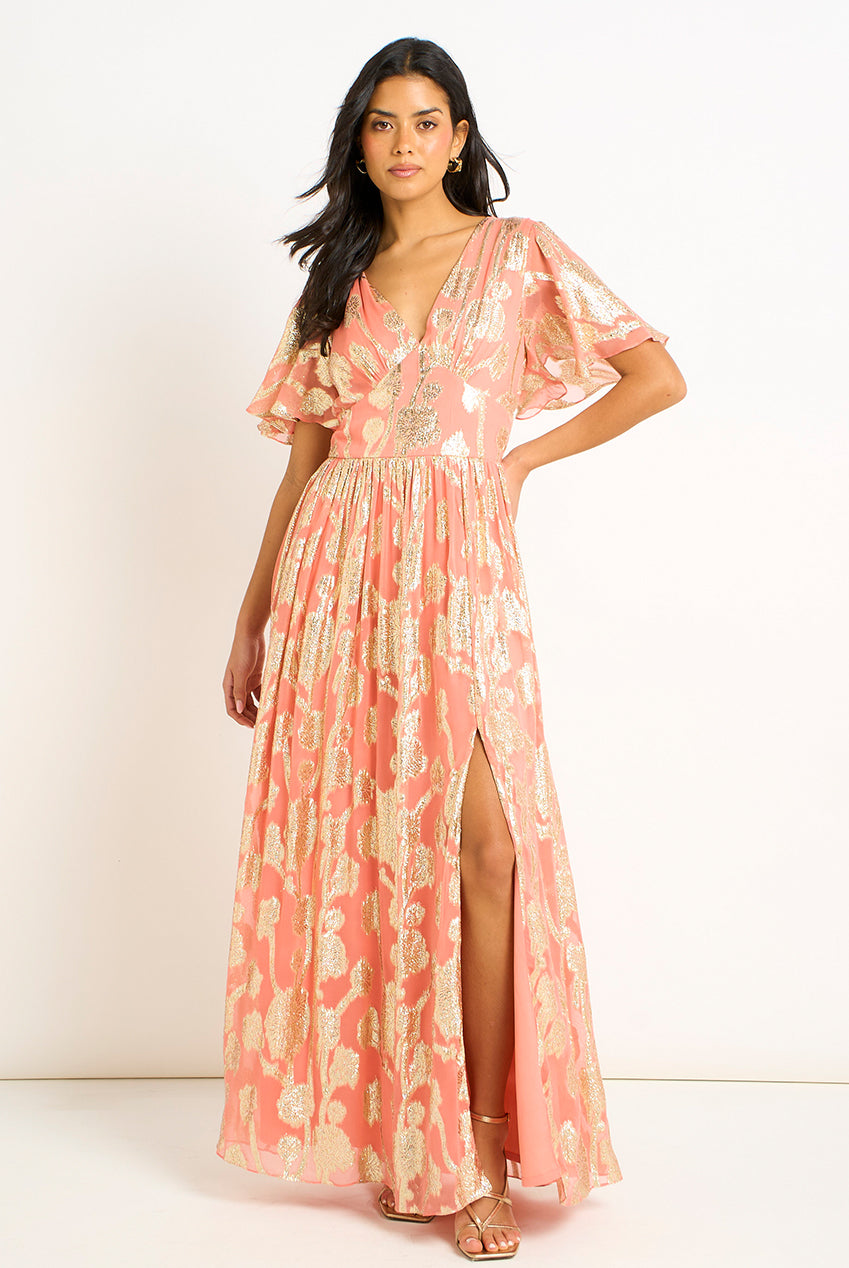 Pink Metallic Jacquard Flutter Sleeves Floral Maxi Dress GL1365