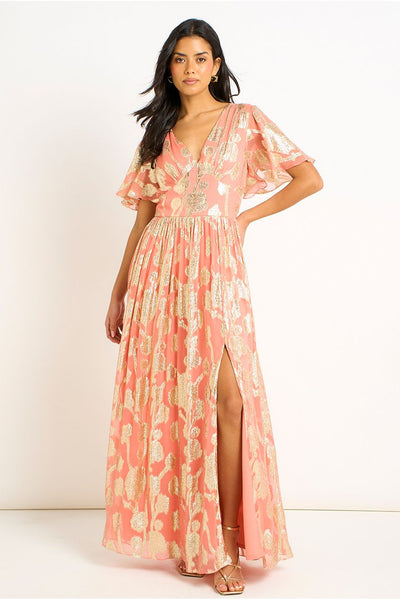 Pink Metallic Jacquard Flutter Sleeves Floral Maxi Dress by Gini London