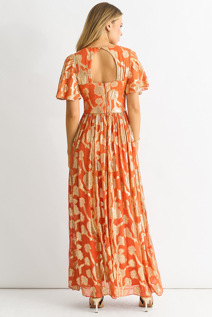 Orange Metallic Jacquard Flutter Sleeves Floral Maxi Dress GL1365A