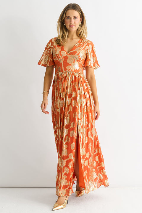 Orange Metallic Jacquard Flutter Sleeves Floral Maxi Dress by Gini London