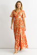Orange Metallic Jacquard Flutter Sleeves Floral Maxi Dress by Gini London