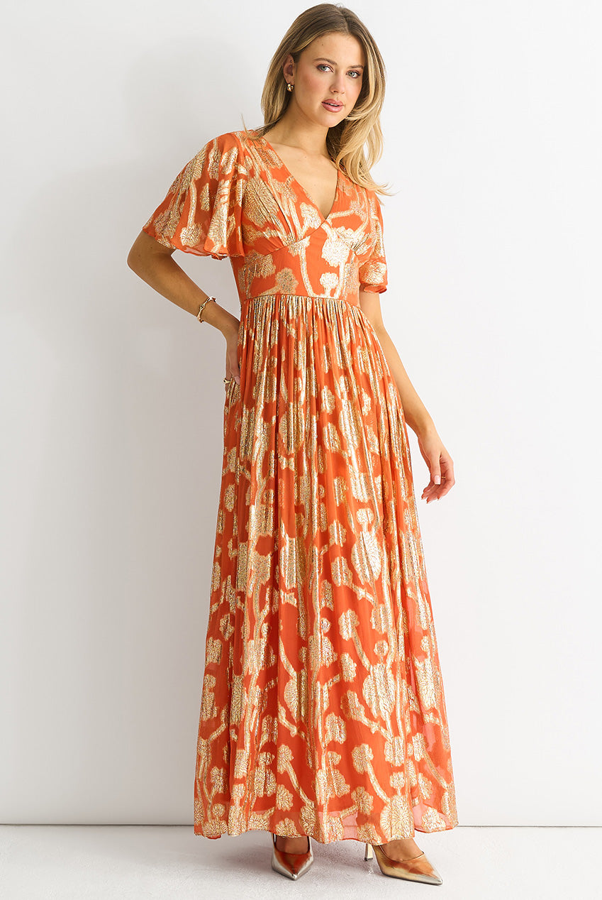 Orange Metallic Jacquard Flutter Sleeves Floral Maxi Dress GL1365A