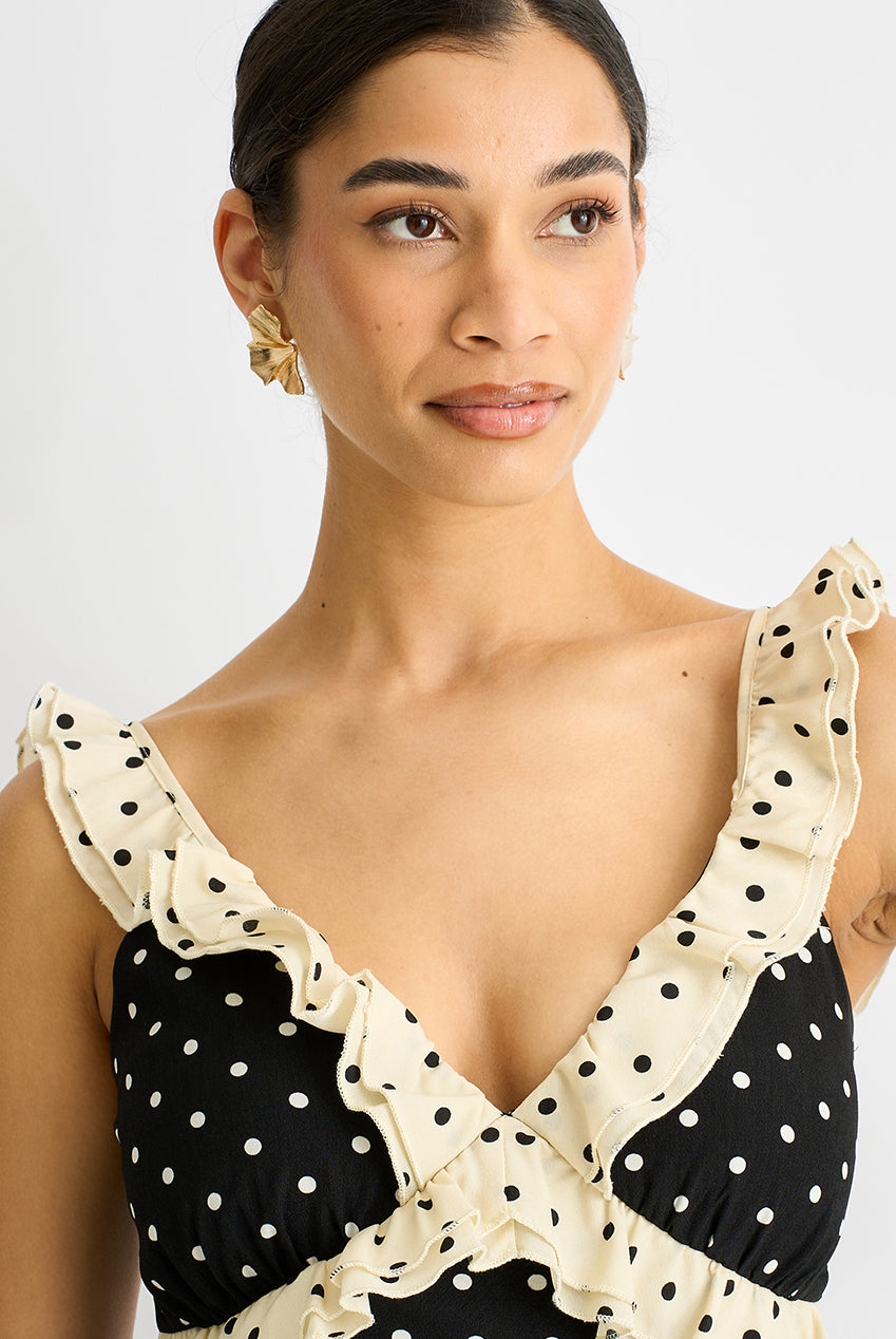 Black Spot Ruffle Bias Midi Dress GL1370