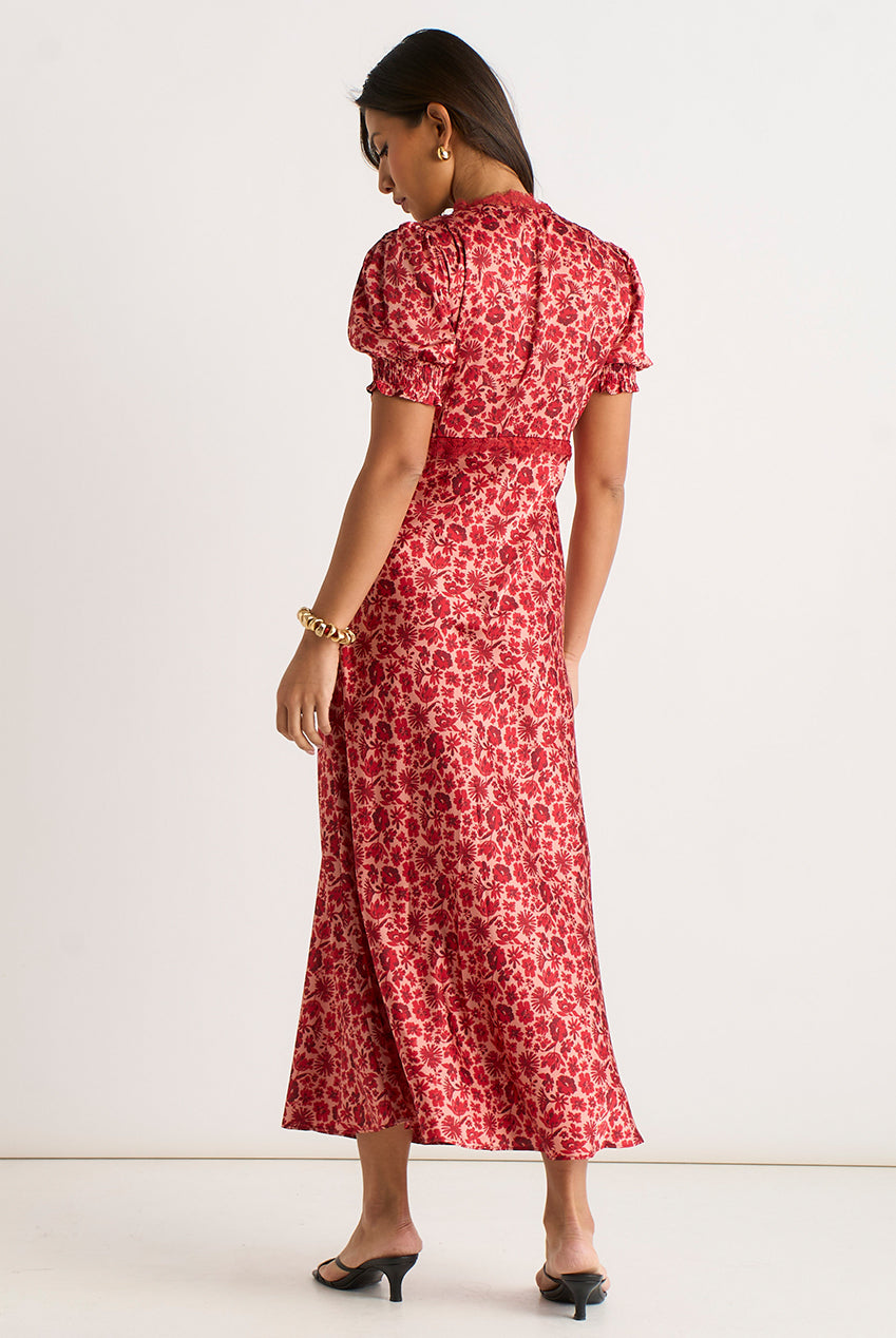 Red Floral Lace Trim V Neck Midi Dress GL1377