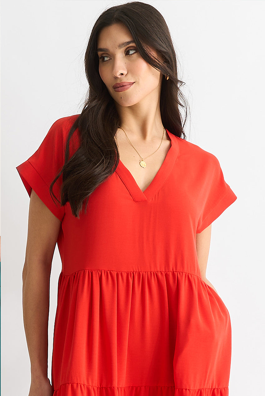 Red V Neck Pocket Smock Midi Dress GL1435