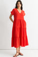 Red V Neck Pocket Smock Midi Dress by Gini London