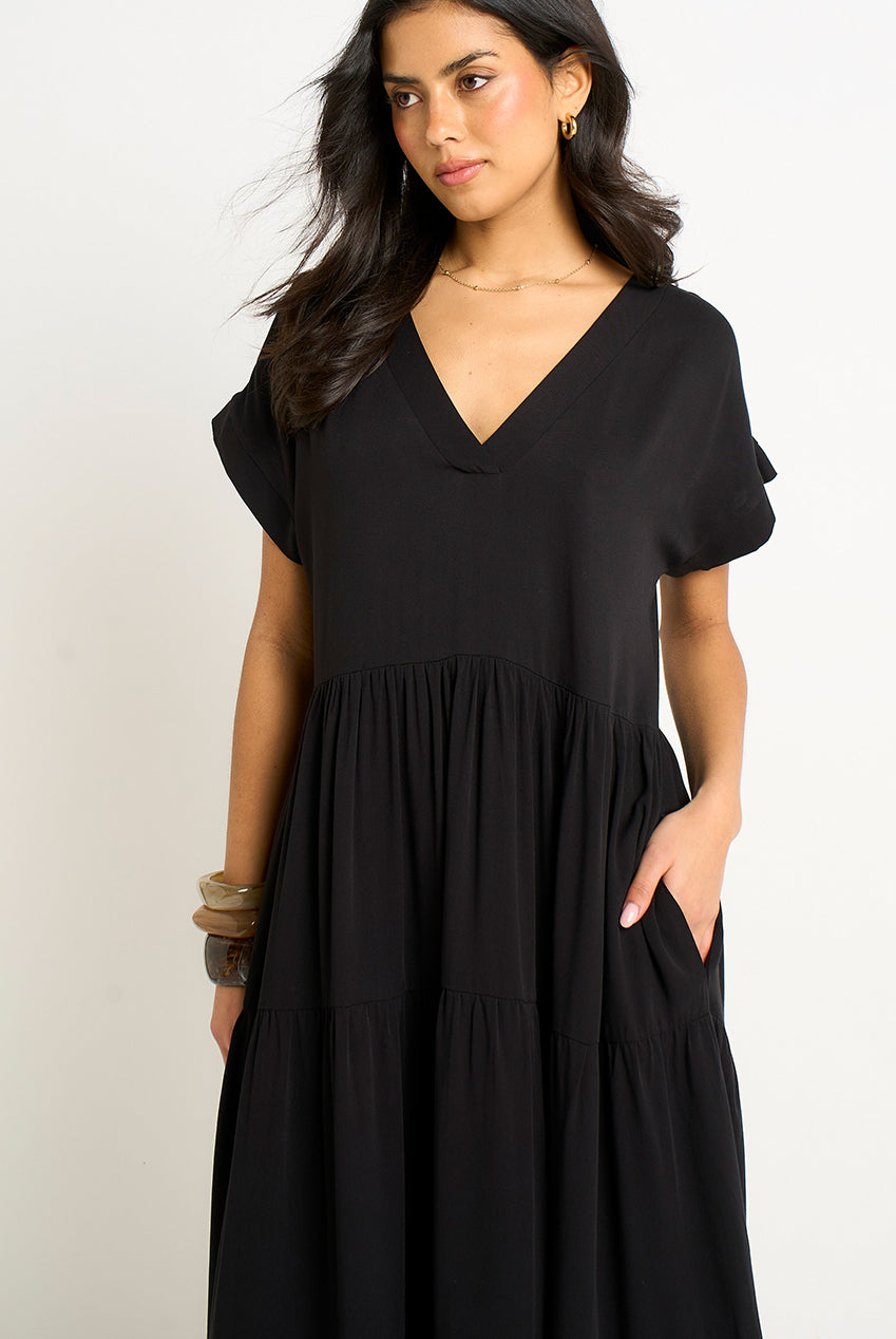 Black V Neck Pocket Smock Midi Dress GL1435N