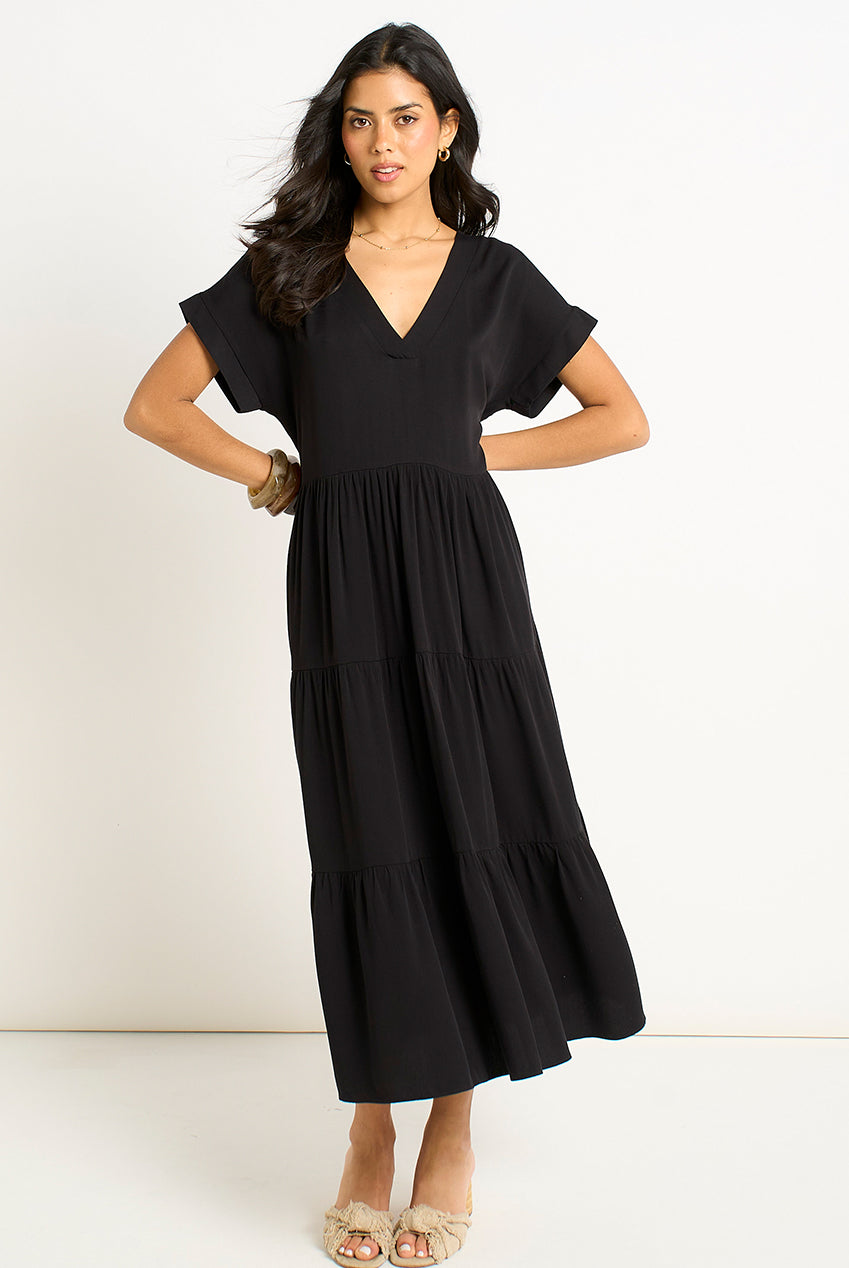 Black V Neck Pocket Smock Midi Dress GL1435N