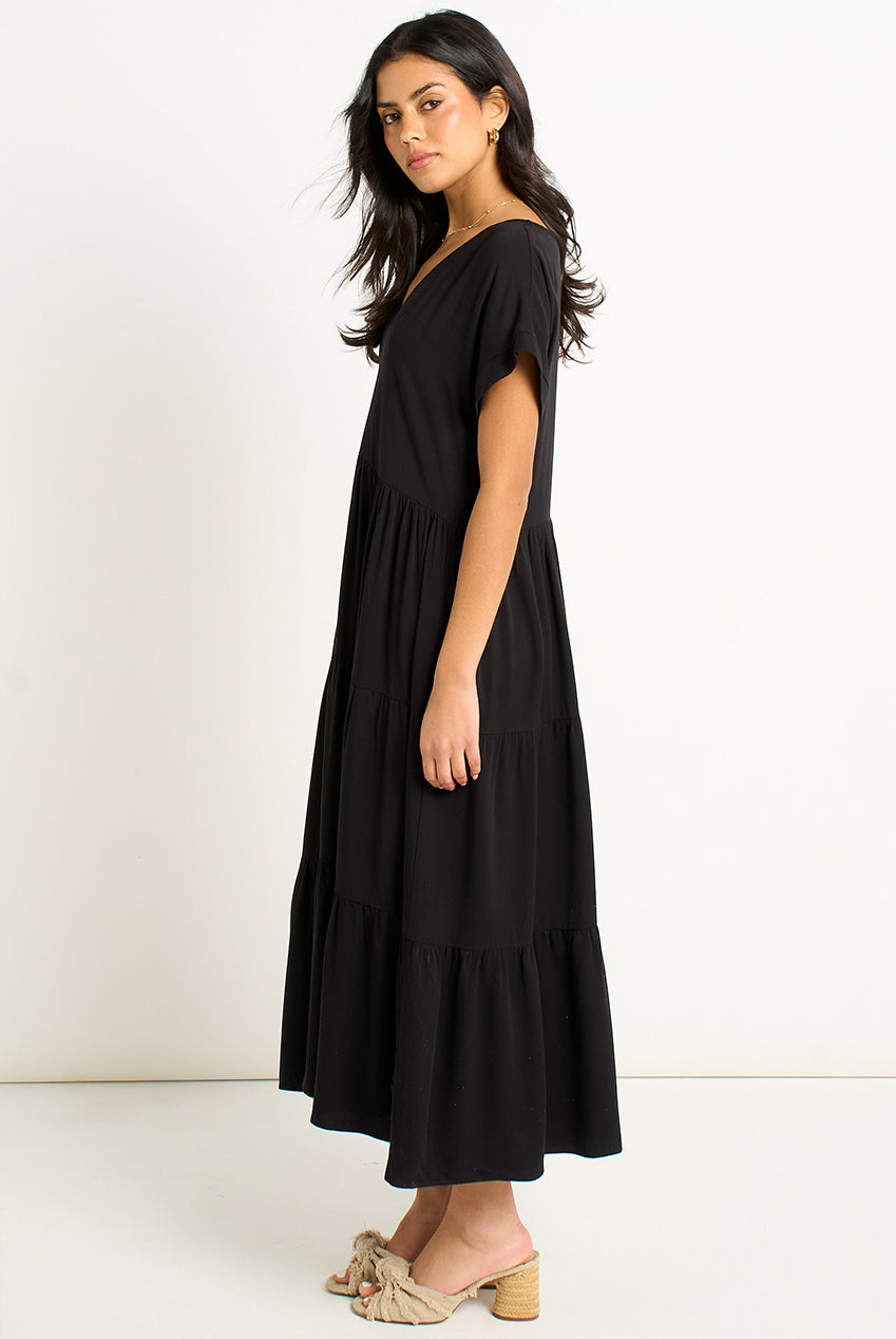 Black V Neck Pocket Smock Midi Dress GL1435N