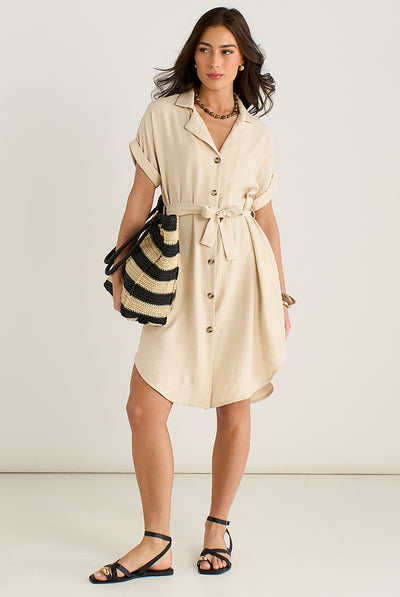 Beige Utility Belted Oversized Viscose Shirt Dress by Gini London