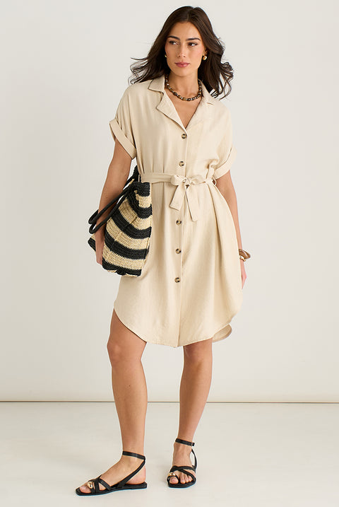 Beige Utility Belted Oversized Viscose Shirt Dress by Gini London