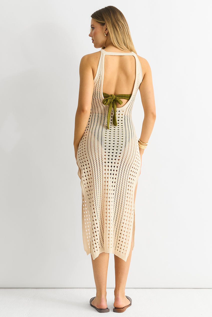 Beige Crochet Knit Bodycon Slit Dress GL1446Beige