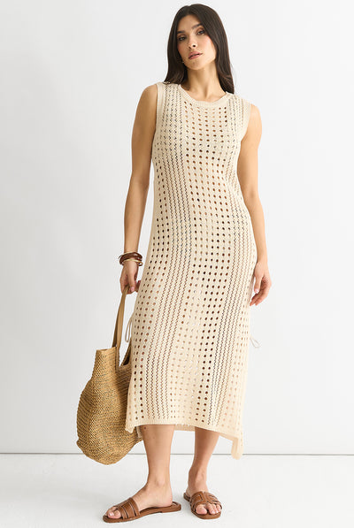 Beige Crochet Knit Bodycon Midi Dress by Gini London