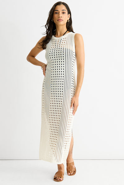 White Crochet Knit Bodycon Midi Dress by Gini London