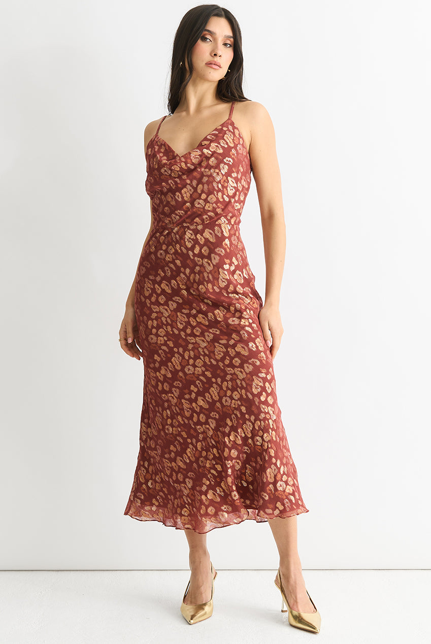 Brown Viscose Animal Jacquard Cowl Midi Dress GL1466