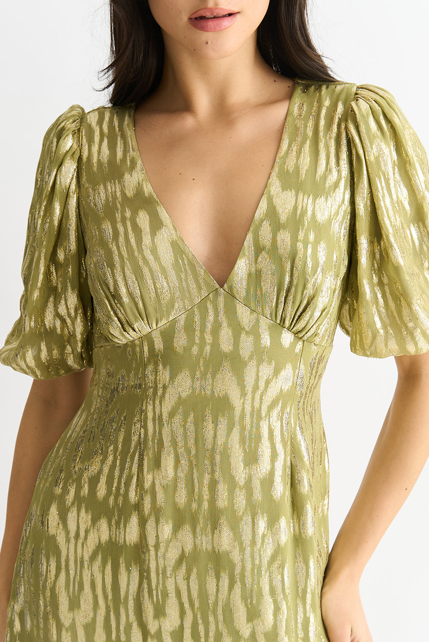 Green Viscose Animal Jacquard Occasion Midi Dress GL1467