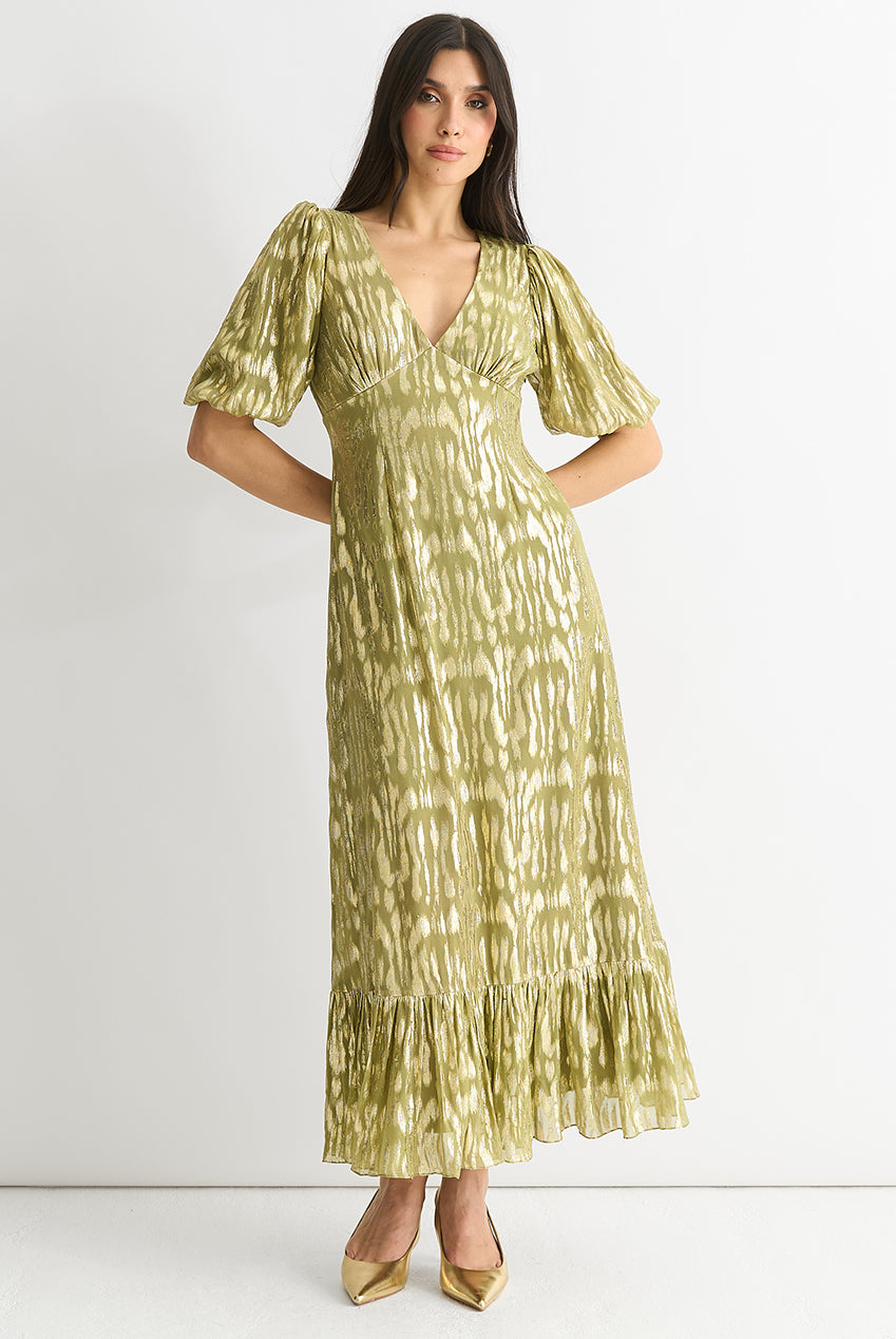 Green Viscose Animal Jacquard Occasion Midi Dress GL1467