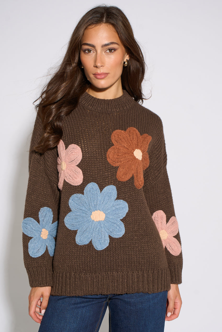 Brown 3D Floral Turtle Neck Knit Jumper GL1517