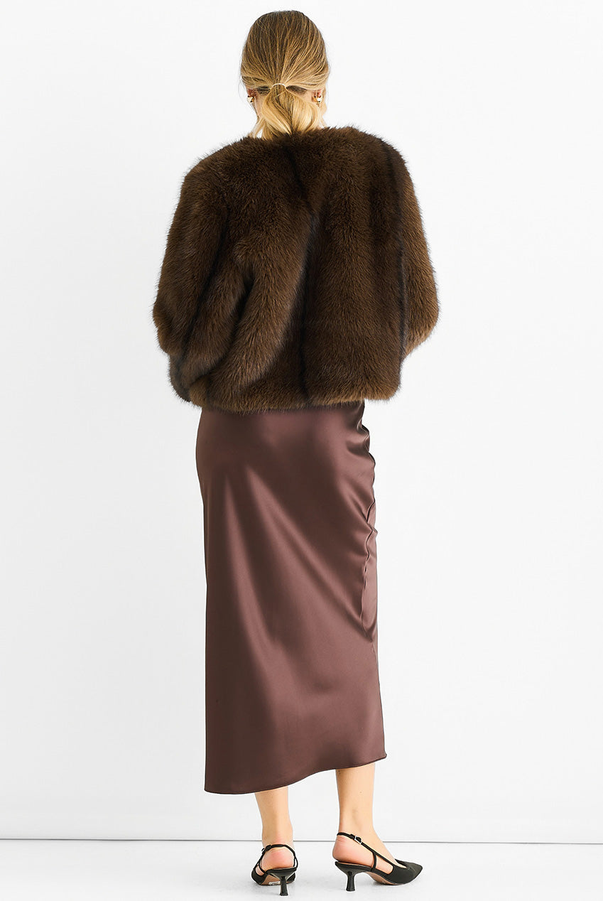 Coffee Round Neck Faux Fur Cropped Jacket GL1555