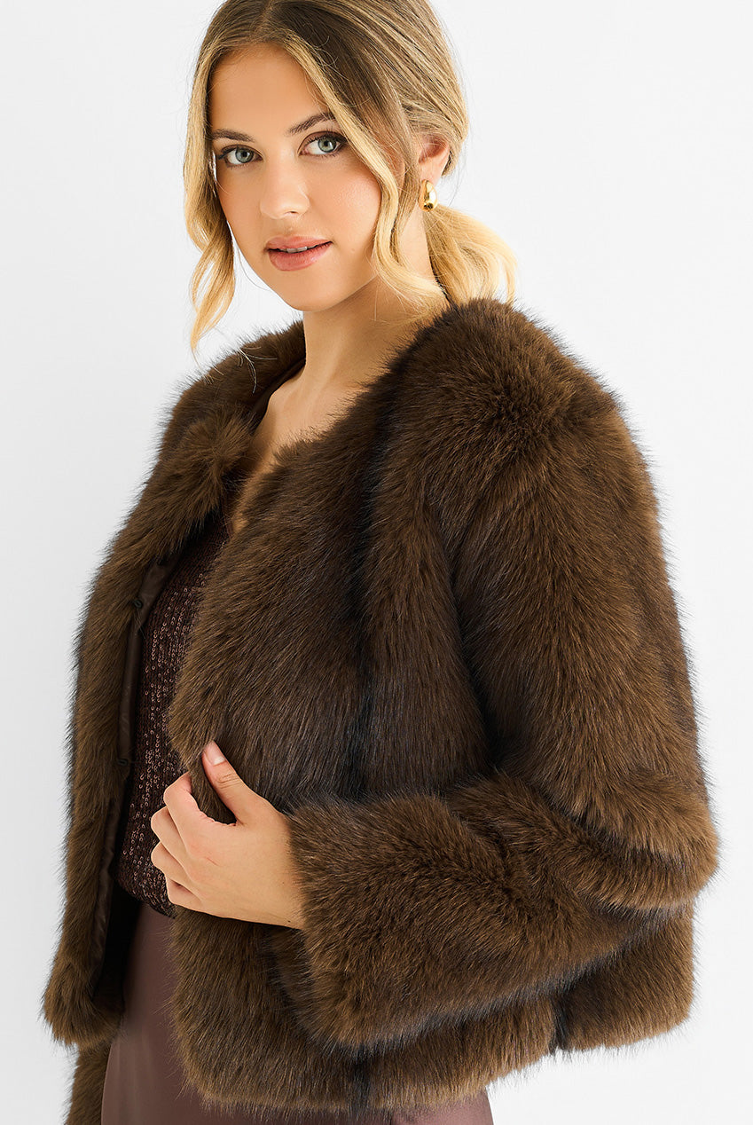 Coffee Round Neck Faux Fur Cropped Jacket GL1555