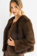 Coffee Round Neck Faux Fur Cropped Jacket by Gini London