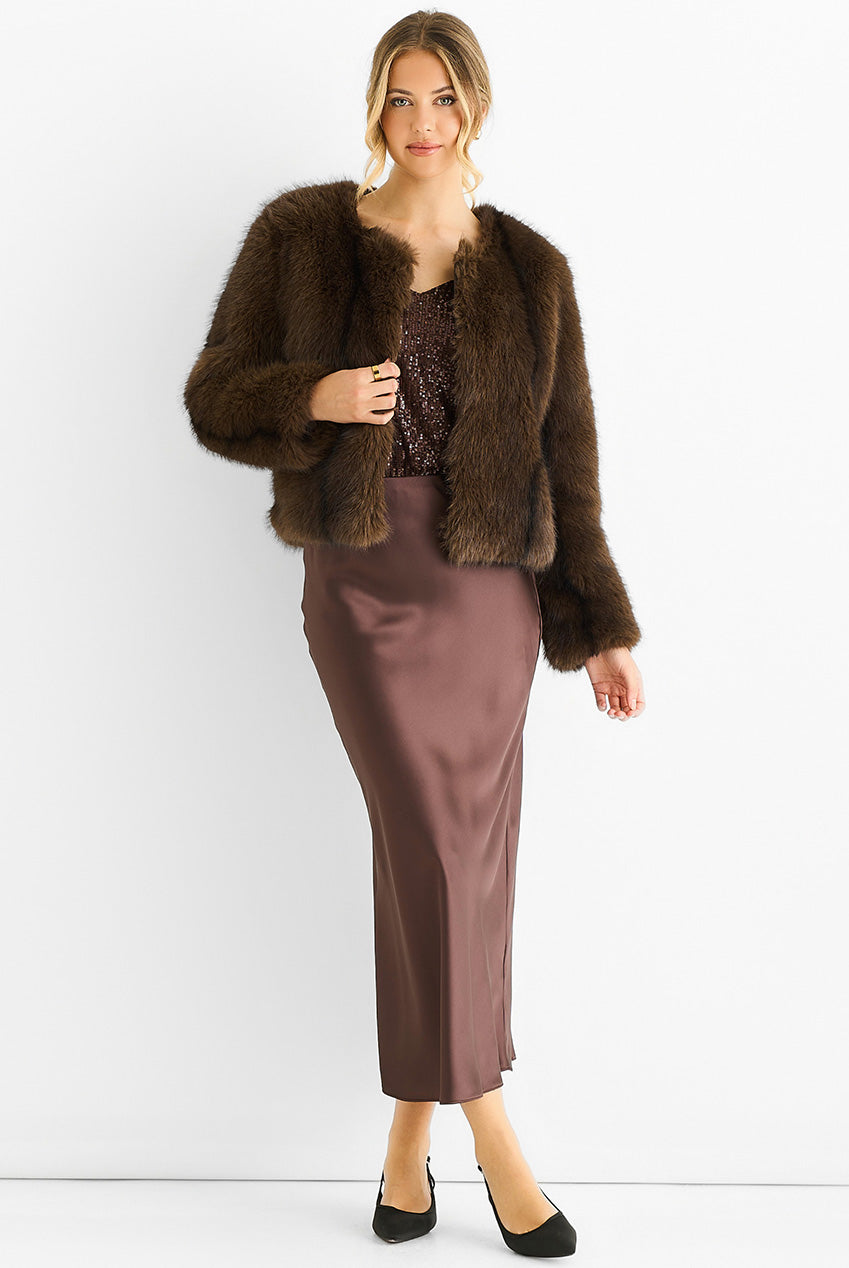 Coffee Round Neck Faux Fur Cropped Jacket GL1555