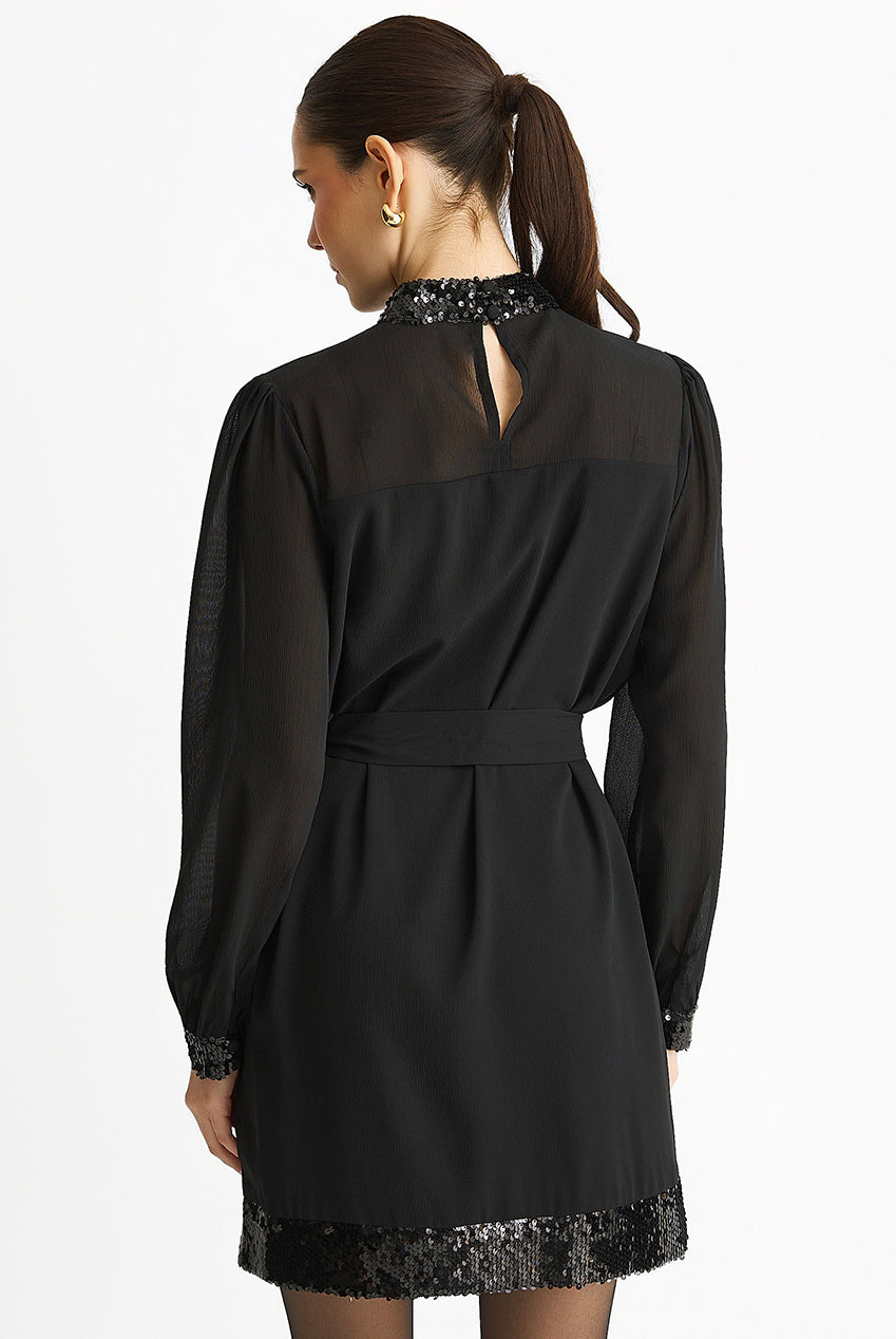 Black Sequin Trim High Neck Belted Mini Dress GL1583