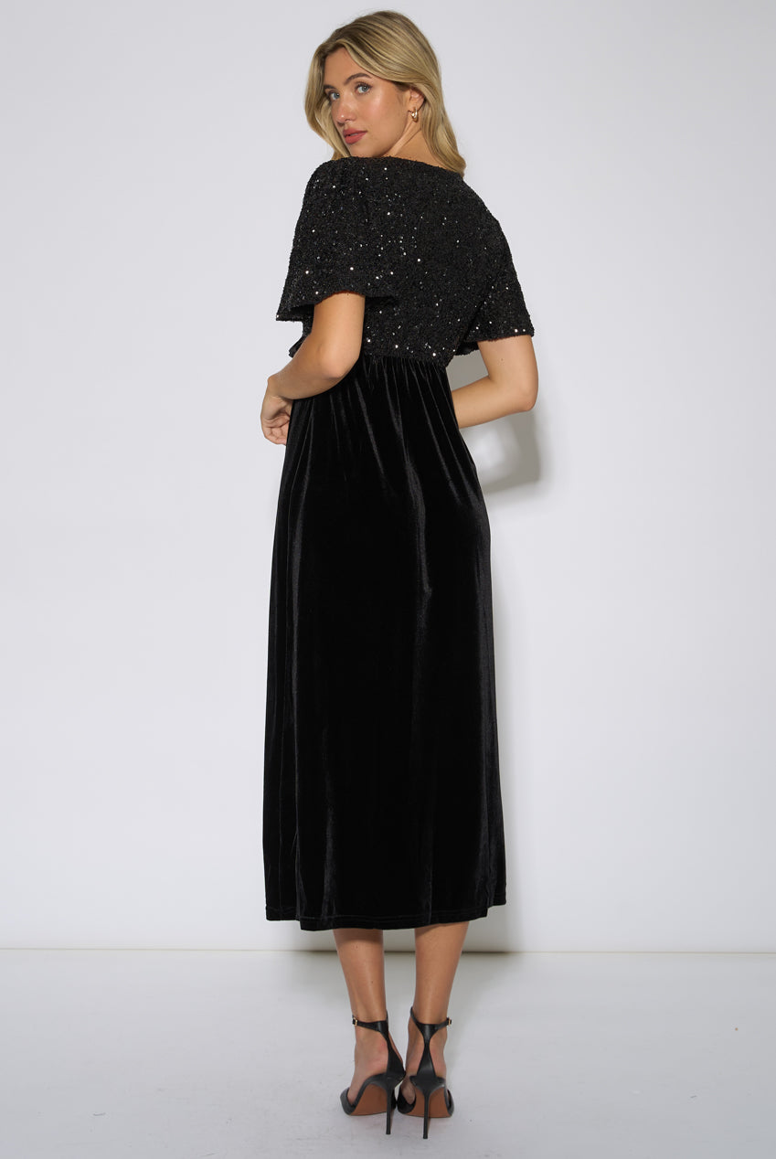 Black Sequin Top Premium Velvet Occasion Midi Dress GL1584