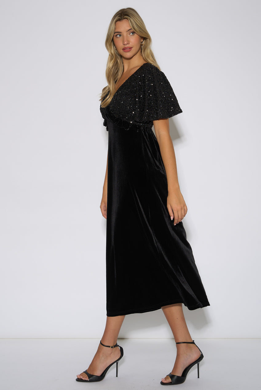 Black Sequin Top Premium Velvet Occasion Midi Dress GL1584