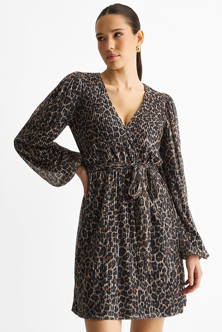 Black Animal Sequin Wrap Elasticated Waist Mini Dress GL1585