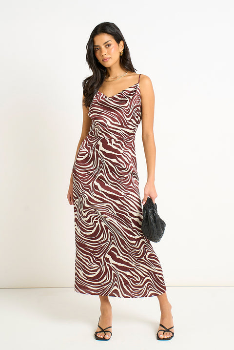 Burgundy Zebra Cowl Neck Midi Dress by Gini London