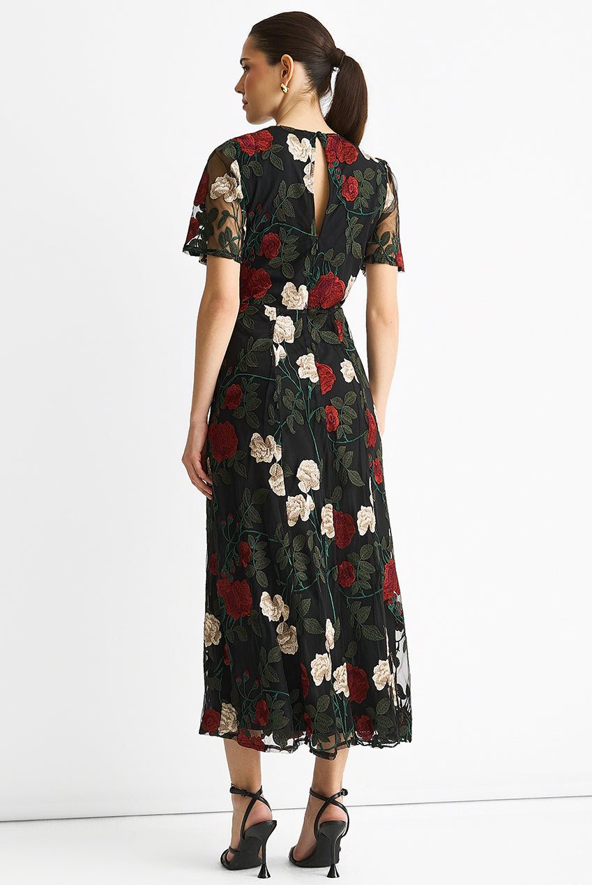 Black Angel Sleeves Embroidered Occasion Midi Dress GL1593