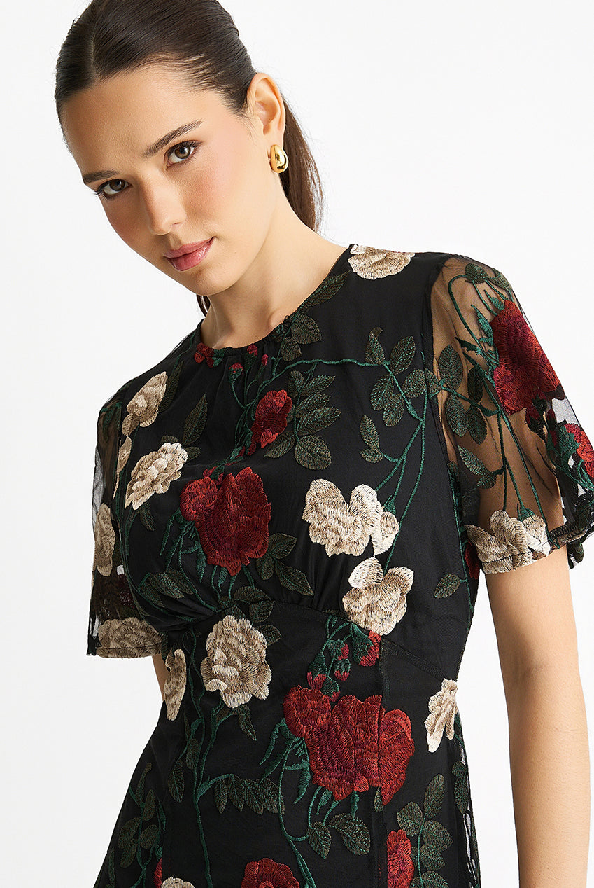 Black Angel Sleeves Embroidered Occasion Midi Dress GL1593