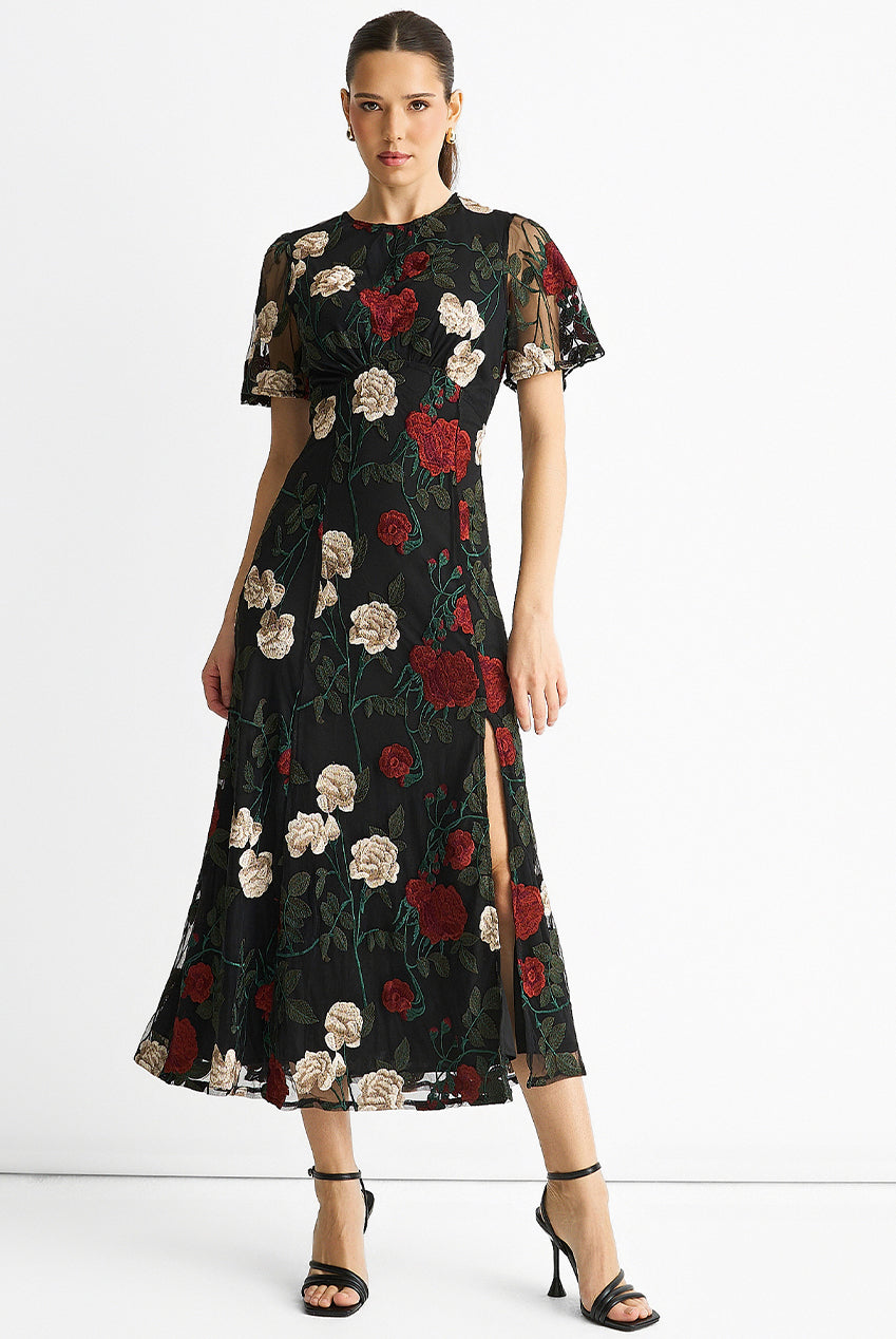 Black Angel Sleeves Embroidered Occasion Midi Dress GL1593