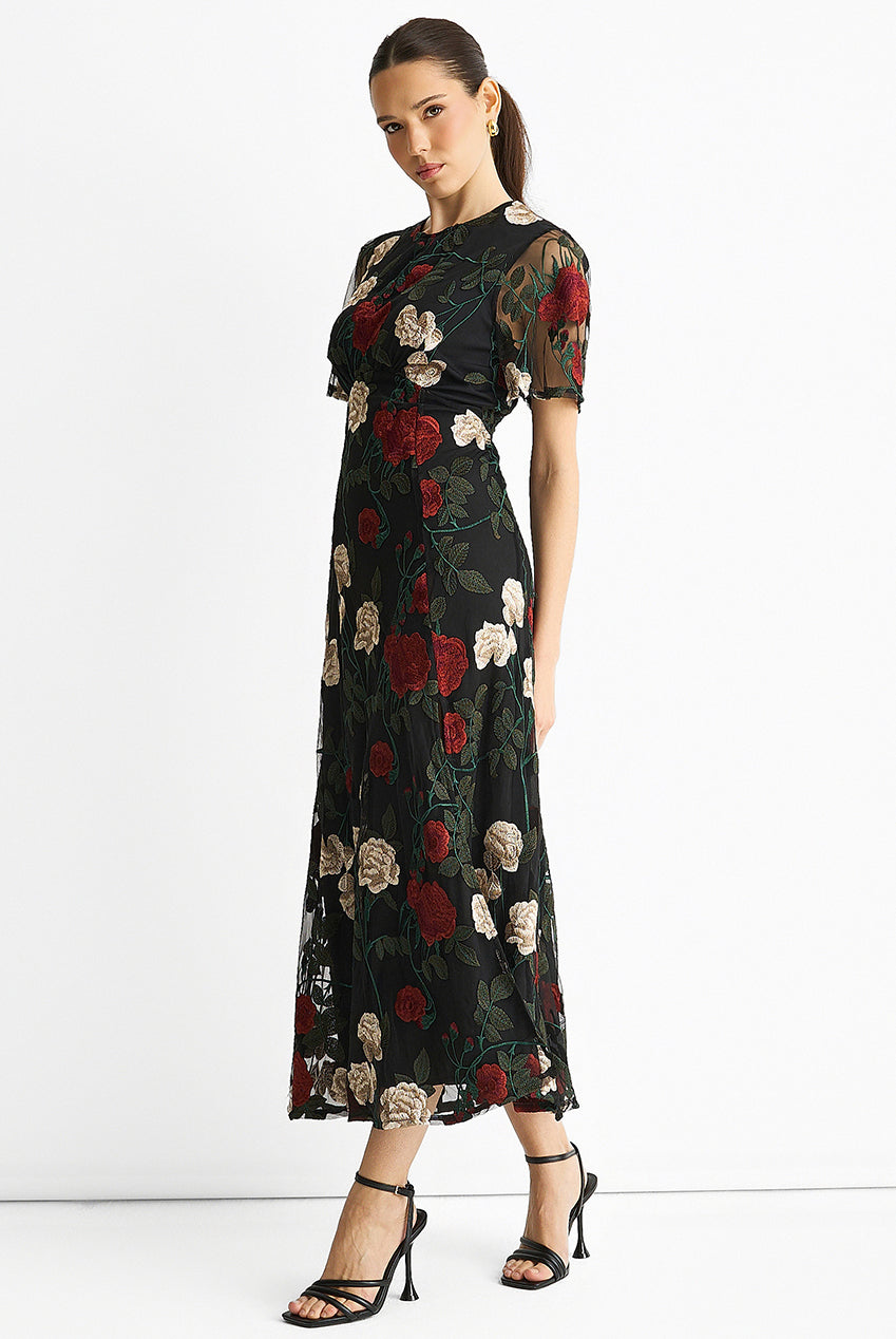 Black Angel Sleeves Embroidered Occasion Midi Dress GL1593