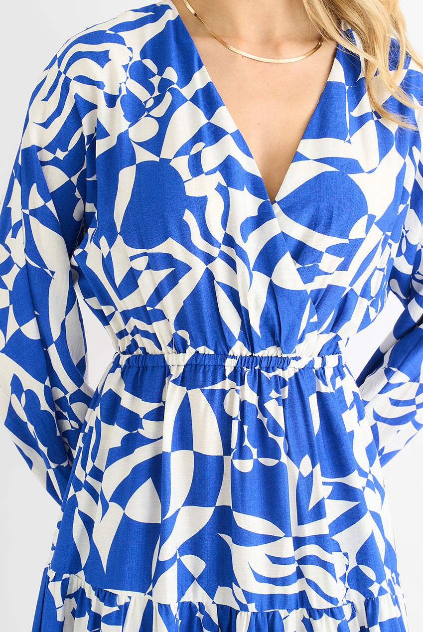 Blue Abstract Wrap Elasticated Waist Midaxi Dress GL1619