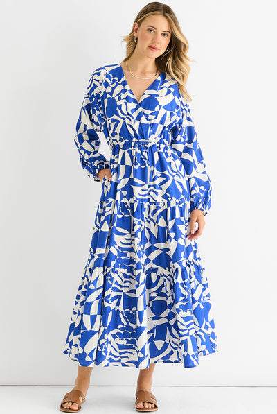 Blue - Blue Abstract Wrap Elasticated Waist Midaxi Dress by Gini London