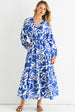 Blue Abstract Wrap Elasticated Waist Midaxi Dress by Gini London